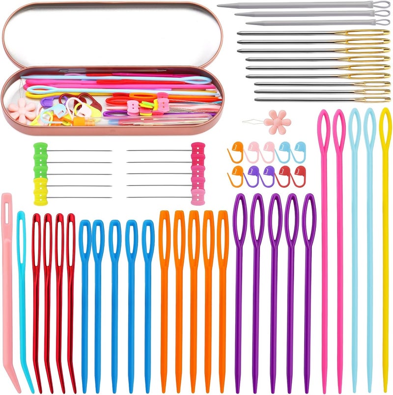 FTEVEN 61Pcs Plastic Large Eye Sewing Needles Set, Yarn Needles Bent Tapestry Needles, Sewing Needles, Large Eye Blunt Needles with Colorful Stitch Markers and Straight Pins for Knitting Crochet Sewing - Image 1